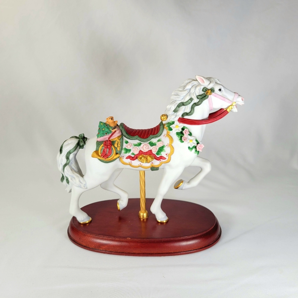Vintage 1993 Lenox Christmas Carousel Horse Figurine Teddy Bear Wood Base 24k